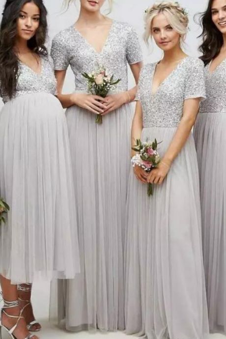 Short Sleeve Silver Sequins Bridesmaid ...